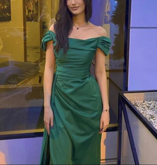 Luolandi Green Off Shoulder Satin Long Prom Dress Party Dress with Slit Elegant Evening Dress